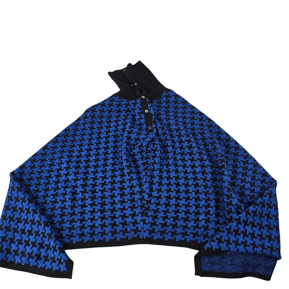 Chico's Blue Black Houndstooth Linen Cotton Knit Snap Neck Poncho S/M 570332221